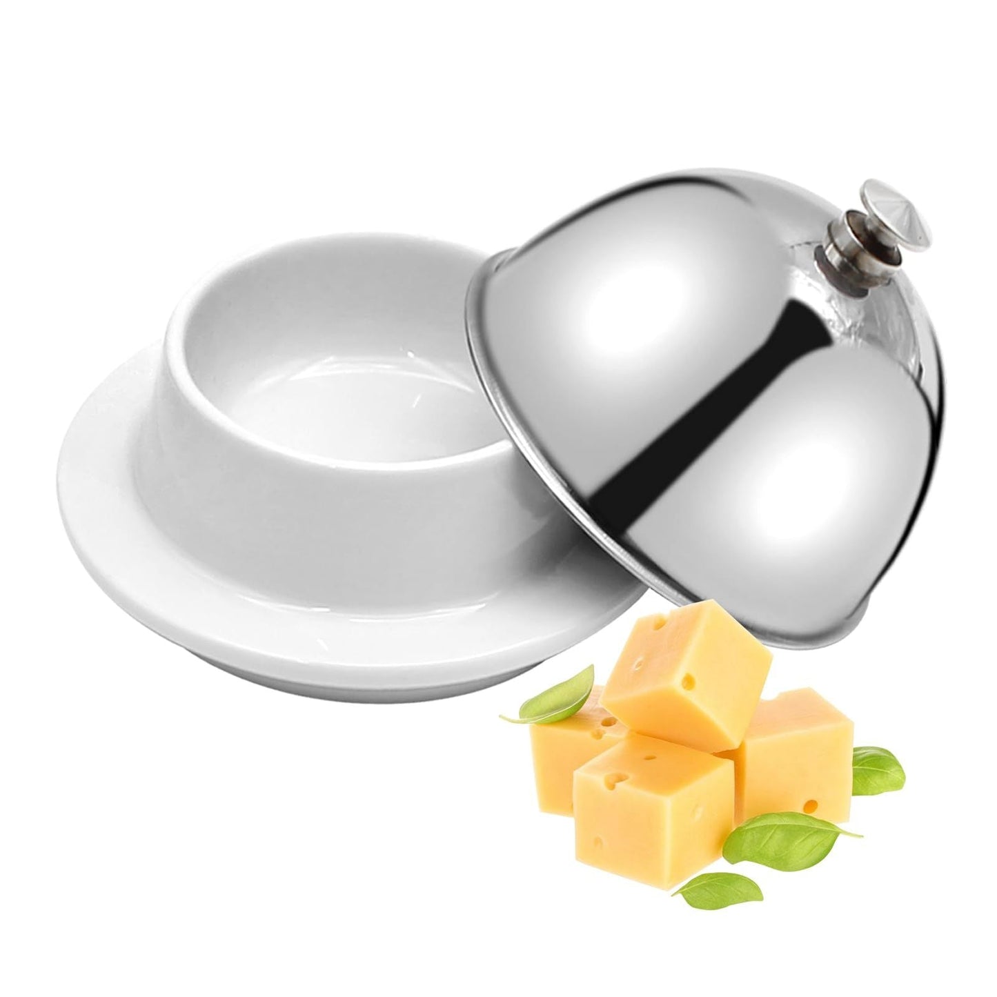 Ceramic Butter Dish with Stainless Dome Cover, Cheese Dish with Lid, Small Cheese Plate Serving Tray with Silver Handled Lid for Countertop, Dessert, Cupcake Kemu |Fashion Home Kitchen Beauty