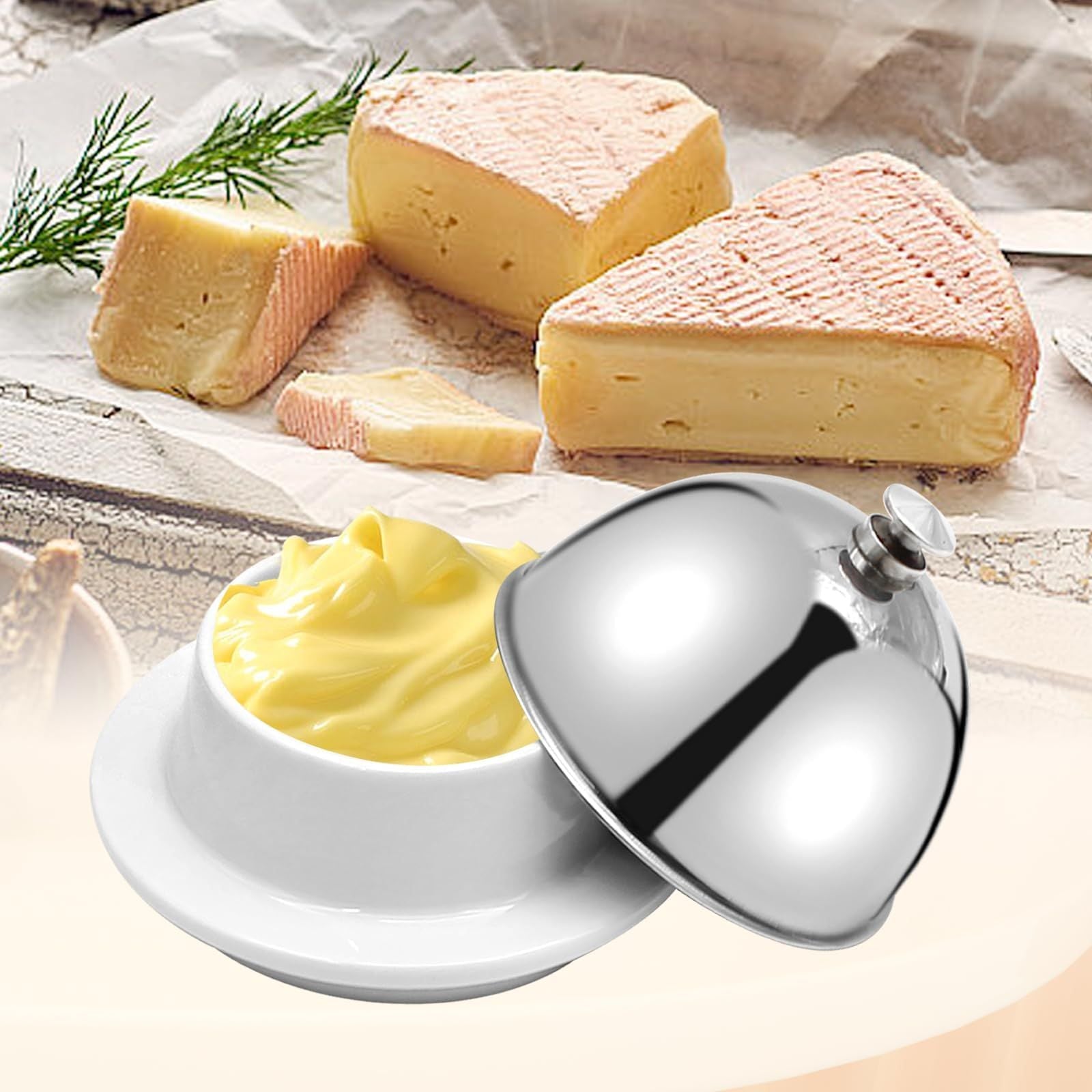 Ceramic Butter Dish with Stainless Dome Cover, Cheese Dish with Lid, Small Cheese Plate Serving Tray with Silver Handled Lid for Countertop, Dessert, Cupcake Kemu |Fashion Home Kitchen Beauty