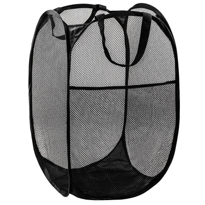 Popup Mesh Laundry Basket, Collapsible and Portable Clothes Washing Laundry Hamper with Reinforced Carry Handle (Black 2pcs)