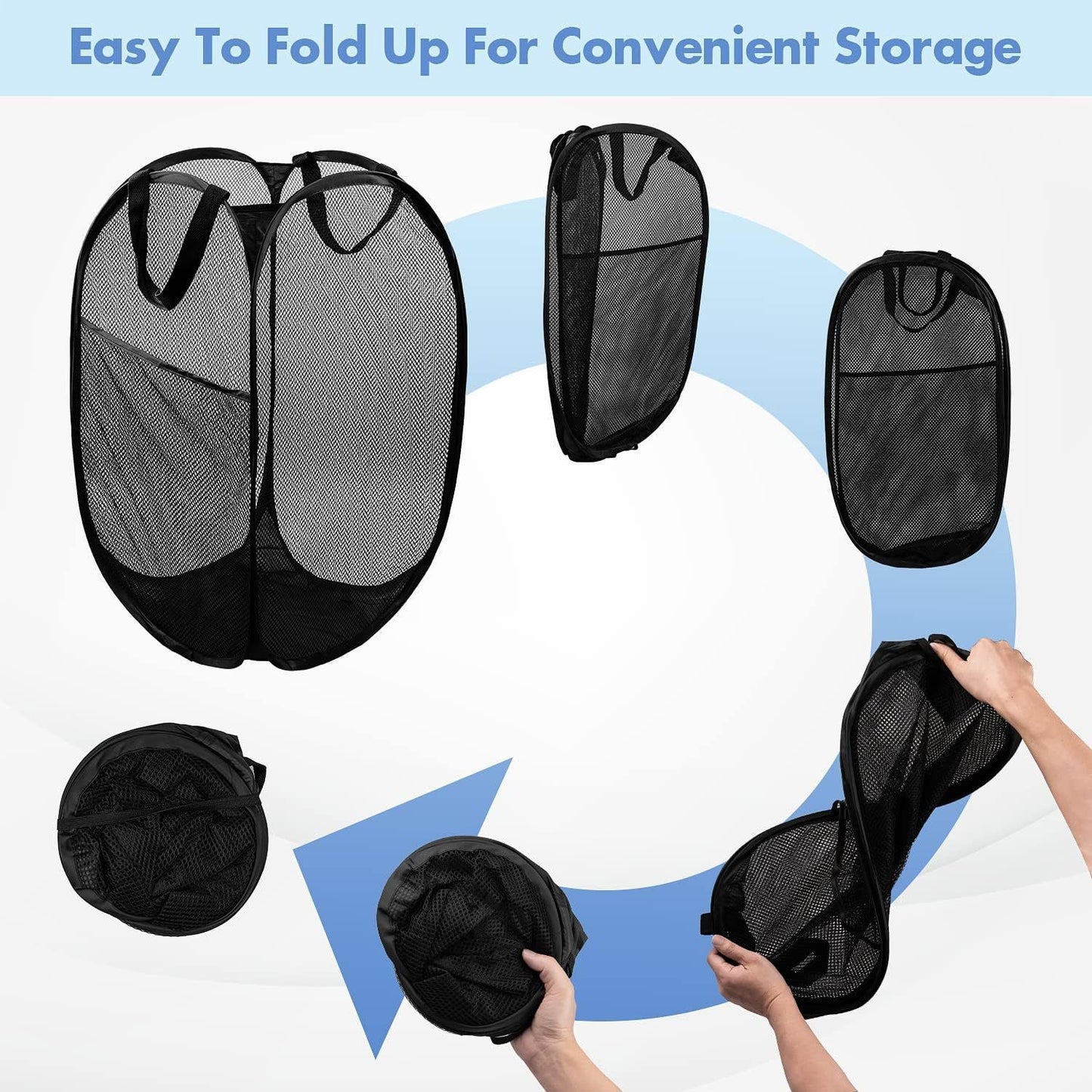 Popup Mesh Laundry Basket, Collapsible and Portable Clothes Washing Laundry Hamper with Reinforced Carry Handle (Black 2pcs)