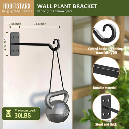 Heavy Duty Plant Hangers Outdoor- Hand-Forged Hanging Plant Brackets - 2 Pack 12 Inch Black Wrought Iron Wall Plant Hooks for Hanging Plants, Lanterns, Bird Feeders