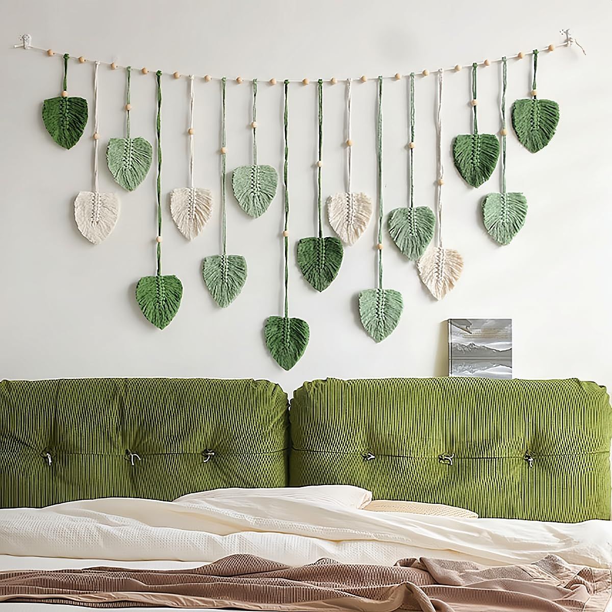Wall Hanging Tapestry Boho Chic Home Decor Woven Green Leaf Large Tapestry Wall Art Decor Handmade Feather for Bedroom Living Room Apartment Hanging Decorations Green Kemu |Fashion Home Kitchen Beauty