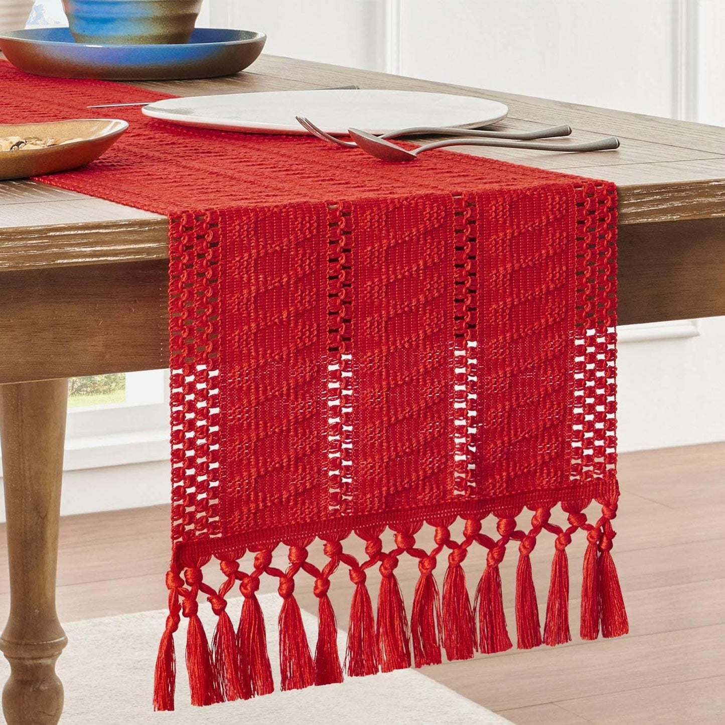 Bohemian style tablecloth, red tassel tablecloth, 140cm long, farmhouse woven home decoration, red  140*33cm