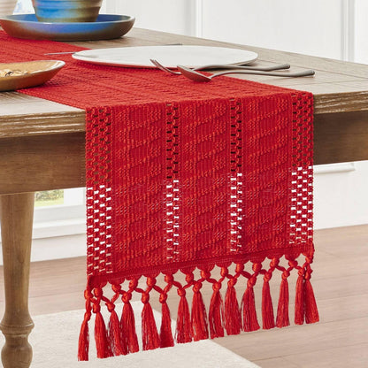Bohemian style tablecloth, red tassel tablecloth, 140cm long, farmhouse woven home decoration, red  140*33cm
