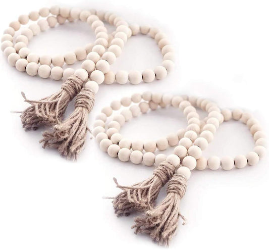 Farmhouse Beads Wood Bead Garland with Tassels Rustic Country Decor Boho Beads Big Wall Hanging Decor (2 Pack) Kemu |Fashion Home Kitchen Beauty