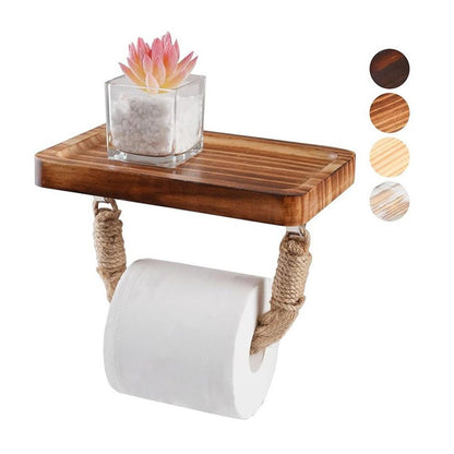 Farmhouse Toilet Paper Holder–Beach Rope Bathroom Decor, Wood Toilet Paper Roll Holder with Shelf, Nautical Bathroom Accessory Tissue Holder Towel Rack– Brown