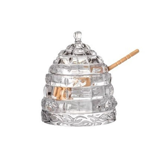 Elegant Glass   1 Wooden Dipper  Beehive Design | Perfect for Sugar, Marmalade & Jam | Durable & Stylish Multipurpose Pot with Lid（white） Kemu |Fashion Home Kitchen Beauty