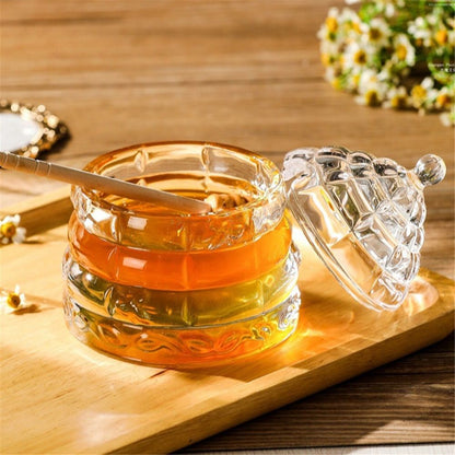 Elegant Glass   1 Wooden Dipper  Beehive Design | Perfect for Sugar, Marmalade & Jam | Durable & Stylish Multipurpose Pot with Lid（white） Kemu |Fashion Home Kitchen Beauty