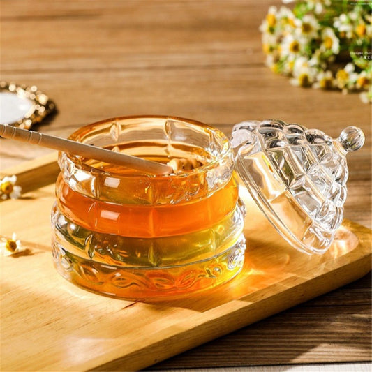Elegant Glass   1 Wooden Dipper  Beehive Design | Perfect for Sugar, Marmalade & Jam | Durable & Stylish Multipurpose Pot with Lid（white） Kemu |Fashion Home Kitchen Beauty
