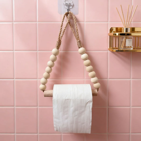 Rope Toilet Paper Holder, Wood Bead Hemp Rope Towel Holder, 2 Pcs Wall Mount Boho Toilet Tissue Holder No-Drill Bathroom Towel Holder Kemu |Fashion Home Kitchen Beauty