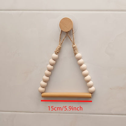 Rope Toilet Paper Holder, Wood Bead Hemp Rope Towel Holder, 2 Pcs Wall Mount Boho Toilet Tissue Holder No-Drill Bathroom Towel Holder