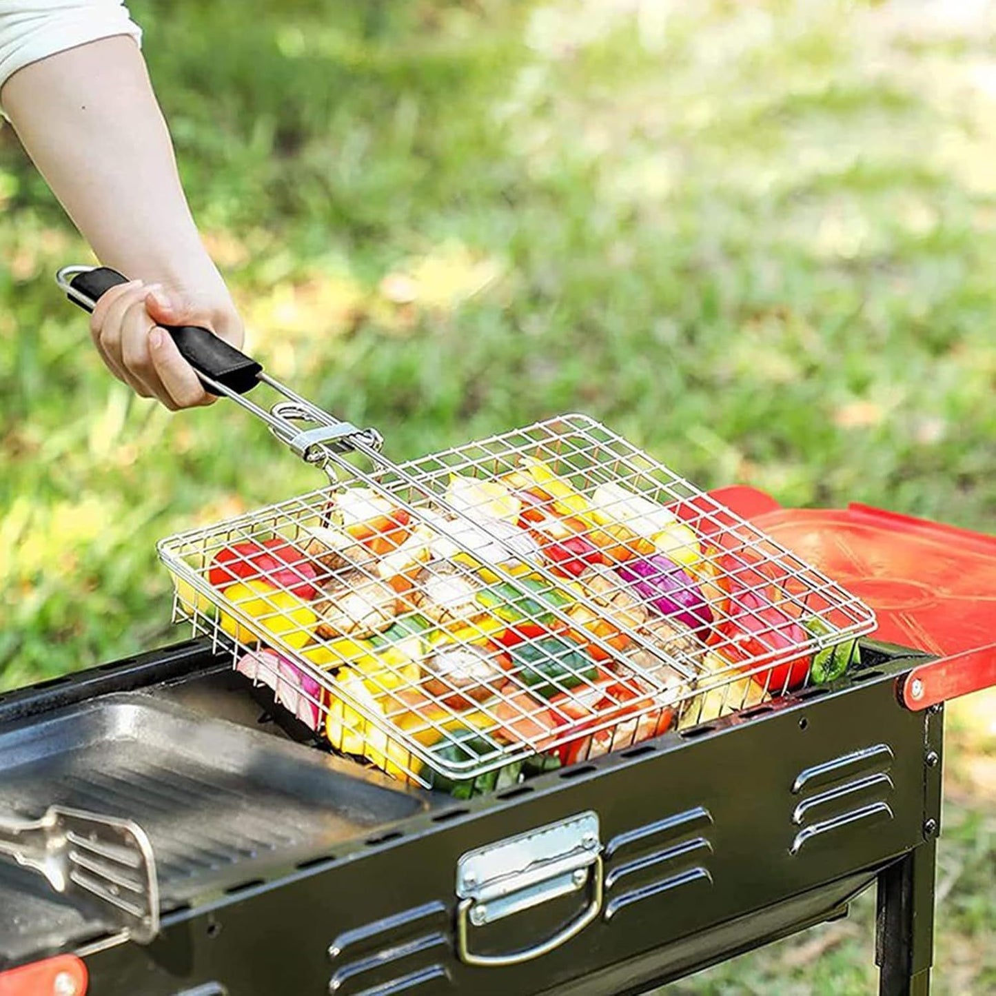 Grill Basket Large Portable Folding BBQ Camping Grilling Rack for Fish, Vegetables, Shrimp, Barbeque Griller Cooking Accessories, Grilling Gifts