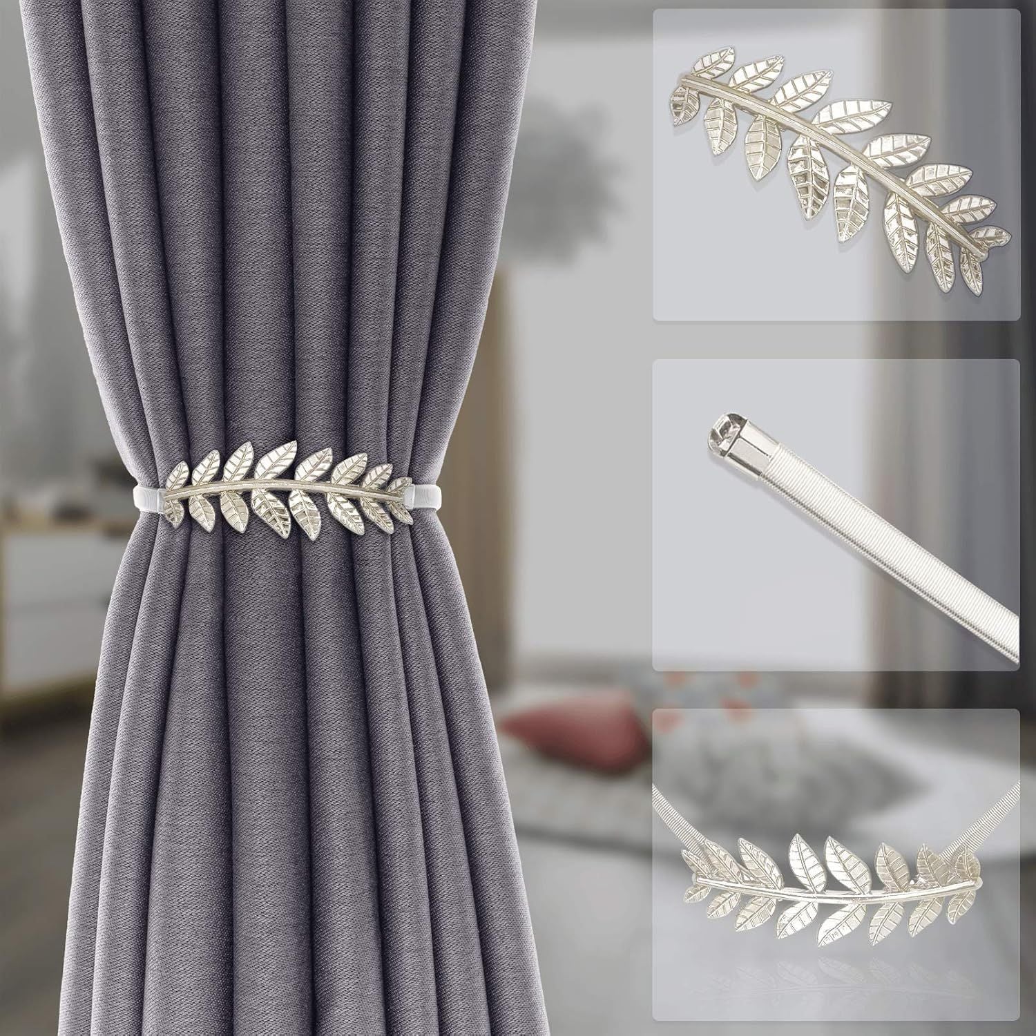 6Pack Curtain Tiebacks Spring Design Curtain Holdback Leaf Carving Design Curtain Ties for Drapes Curtain Ties Backs Curtain Modern Style Curtain Holdback Decor(Sliver Leaf) Kemu |Fashion Home Kitchen Beauty