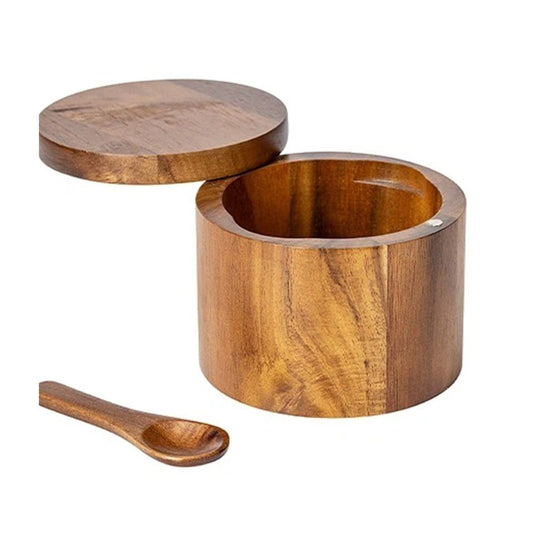 Acacia Wood Salt Jar with Lid & Spoon – Wooden Seasoning Box for Kitchen Kemu |Fashion Home Kitchen Beauty