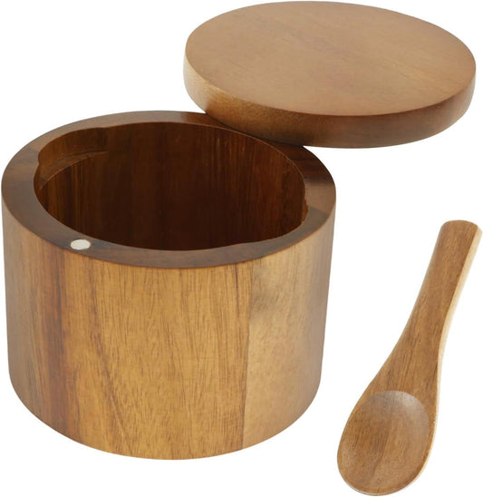 Acacia Wood Salt Jar with Lid & Spoon – Wooden Seasoning Box for Kitchen Kemu |Fashion Home Kitchen Beauty