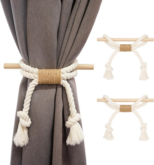Curtain Tiebacks Rustic Holdbacks for Drapes, Farmhouse Tie Backs for Curtains, Cotton Jute Rope with Wood Club, Natural Boho Decor Shabby Chic Drapery Holder, -2Pack Kemu |Fashion Home Kitchen Beauty