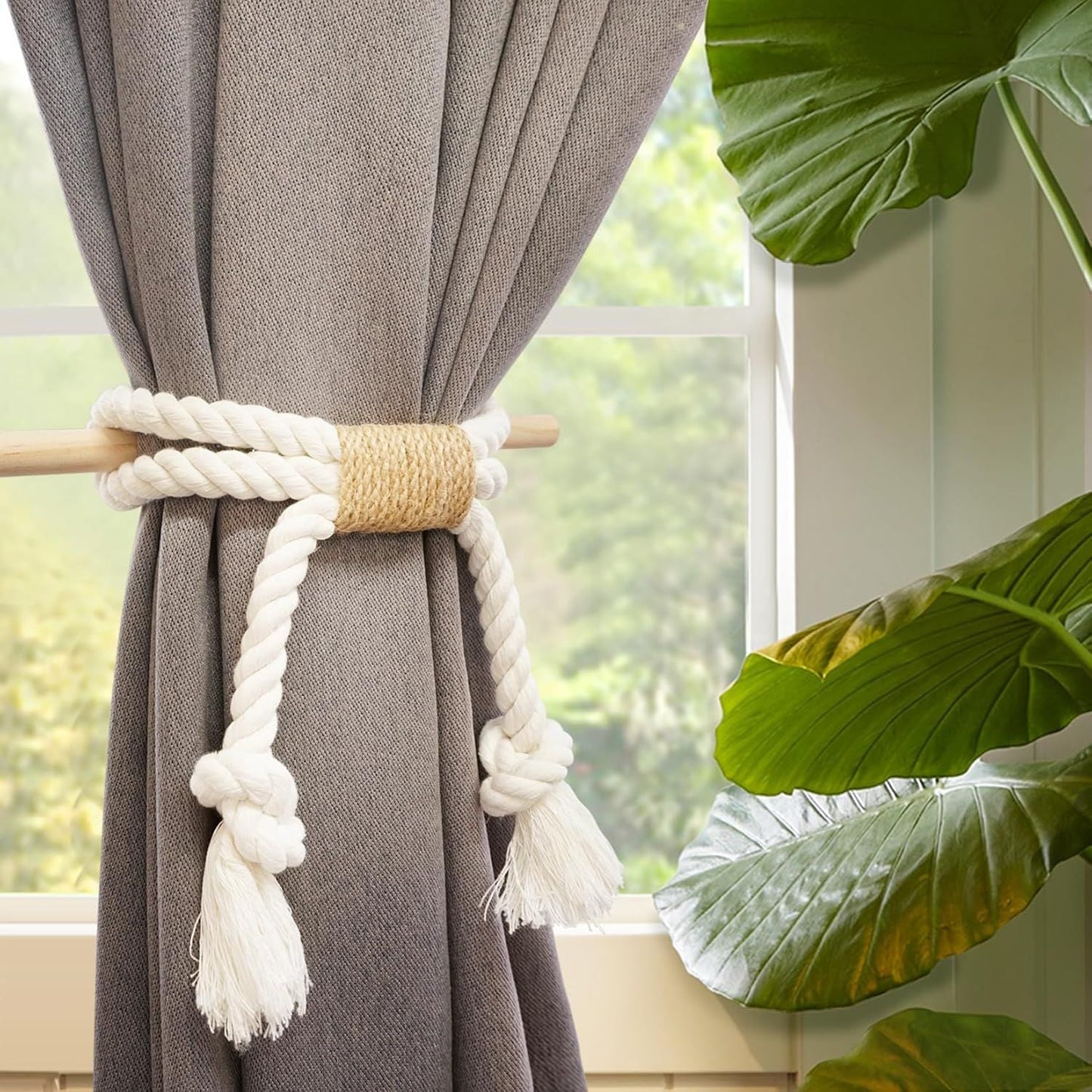 Curtain Tiebacks Rustic Holdbacks for Drapes, Farmhouse Tie Backs for Curtains, Cotton Jute Rope with Wood Club, Natural Boho Decor Shabby Chic Drapery Holder, -2Pack Kemu |Fashion Home Kitchen Beauty