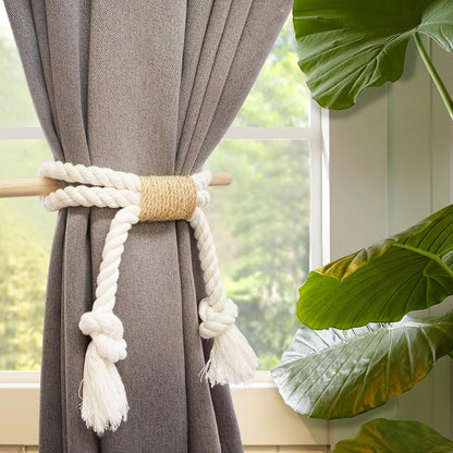 Curtain Tiebacks Rustic Holdbacks for Drapes, Farmhouse Tie Backs for Curtains, Cotton Jute Rope with Wood Club, Natural Boho Decor Shabby Chic Drapery Holder, -2Pack Kemu |Fashion Home Kitchen Beauty