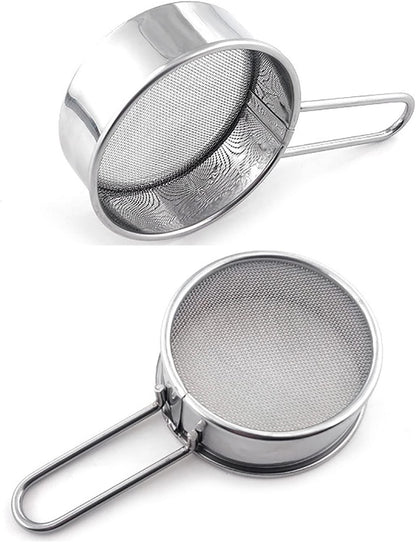 2pcs Small Strainer, Flour Colander Mini Small Flour Sifter for Baking Powder Sugar Coffee Pastas Tea,  Stainless Steel Food Strainer Mini Sifter with Handle