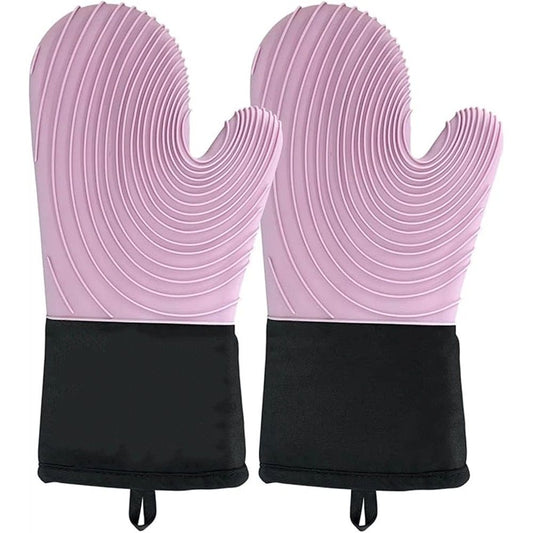 A pair of Silicone Oven Mitts- Extended Oven Mitts Heat Resistant , Oven Gloves with Soft Liner Good  to Clean Flexible-Oven Mits Set for Cooking Baking Grilling BBQ（Flat threaded gloves purple） Kemu |Fashion Home Kitchen Beauty