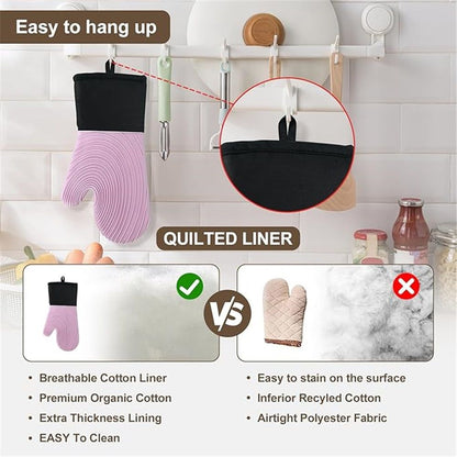 A pair of Silicone Oven Mitts- Extended Oven Mitts Heat Resistant , Oven Gloves with Soft Liner Good  to Clean Flexible-Oven Mits Set for Cooking Baking Grilling BBQ（Flat threaded gloves purple）