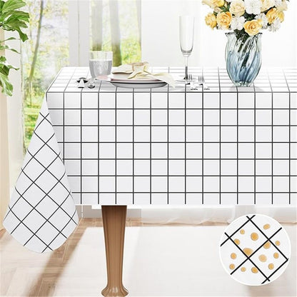 Rectangular checkered tablecloth PEVA for kitchen dining, picnic and camping, wrinkle free and washable tablecloth, black+white, 137*90cm