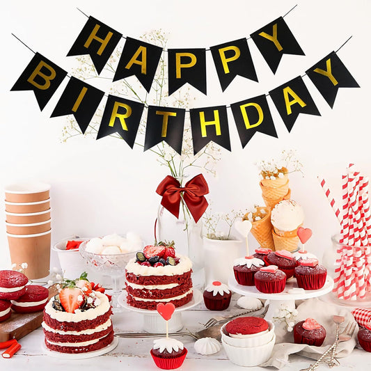 2pcs Black Gold Happy Birthday Banner Birthday Party Supplies for Adult Boy Girl  Black Bday Party Decorations & Decor for Men & Women. Kemu |Fashion Home Kitchen Beauty