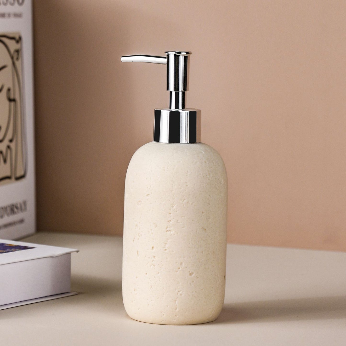Hand Soap Dispenser with Stainless Steel Pump, for Bathroom and Kitchen, Luxury Farmhouse, Boho & Zen Style, Sandstone Finish, Rust Proof, Beige yellow