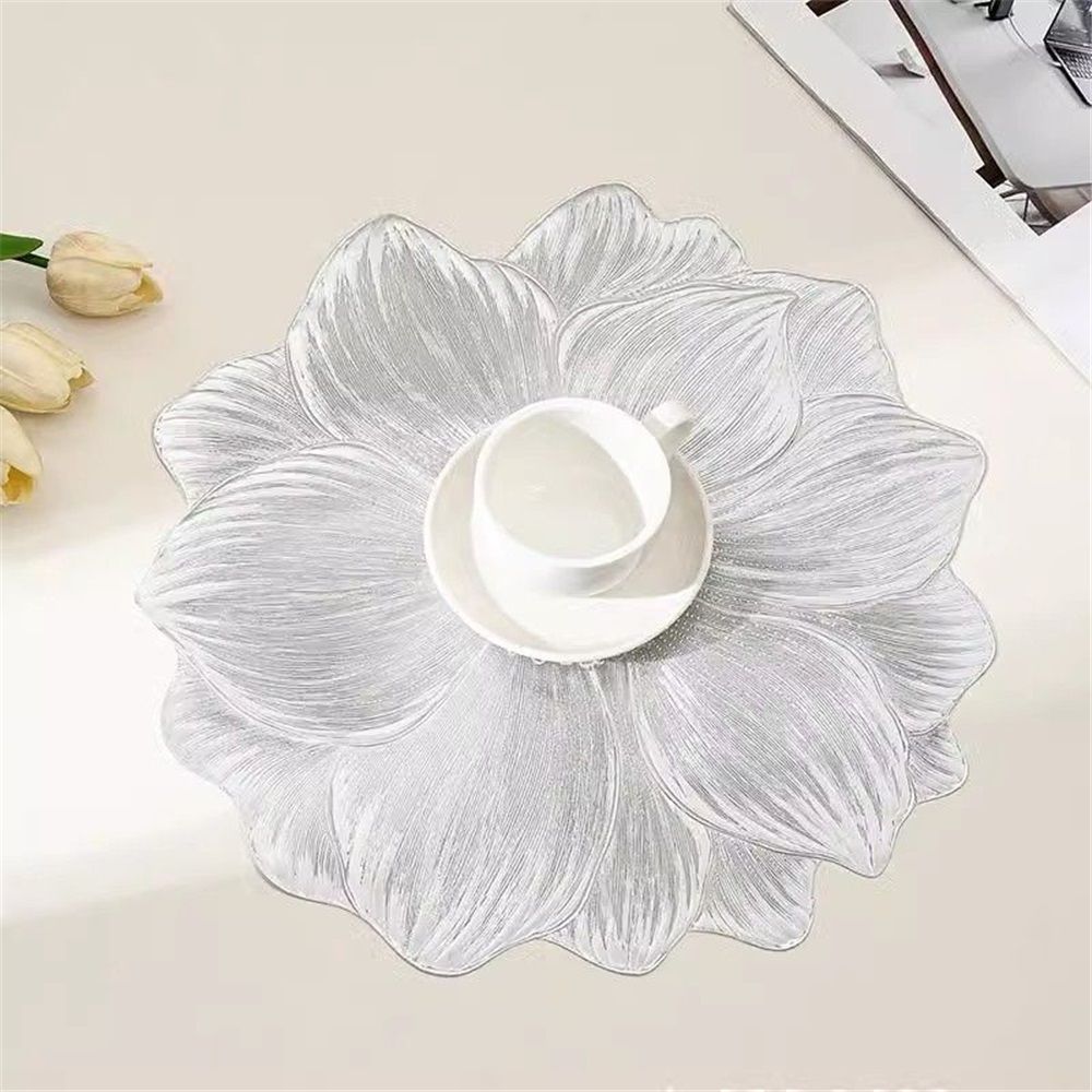 Silver Placemats 15" Set of 6, Pressed Lotus Flower Design, Washable & Non-Slip pvc - Perfect for Dinner, Holiday, Wedding Decor & Party Table Settings Kemu |Fashion Home Kitchen Beauty