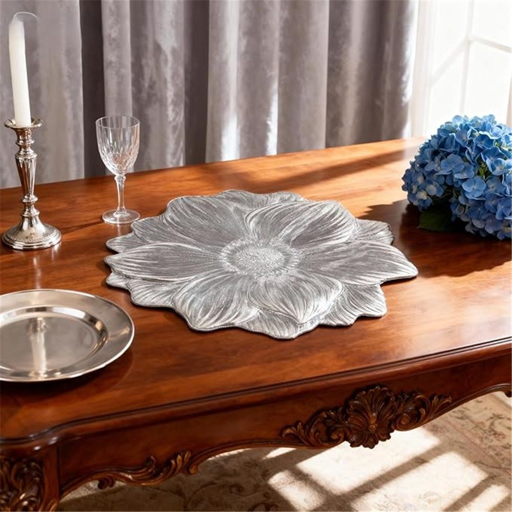 Silver Placemats 15" Set of 6, Pressed Lotus Flower Design, Washable & Non-Slip pvc - Perfect for Dinner, Holiday, Wedding Decor & Party Table Settings Kemu |Fashion Home Kitchen Beauty