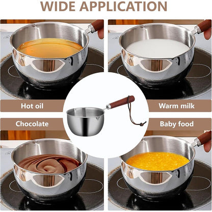 Stainless steel mini pot - butter warmer, (500ml) coffee/milk warmer, mini sauce pan for coffee, ideal for seafood butter warmers,melting pot With dual spouts and wooden handle Kemu |Fashion Home Kitchen Beauty