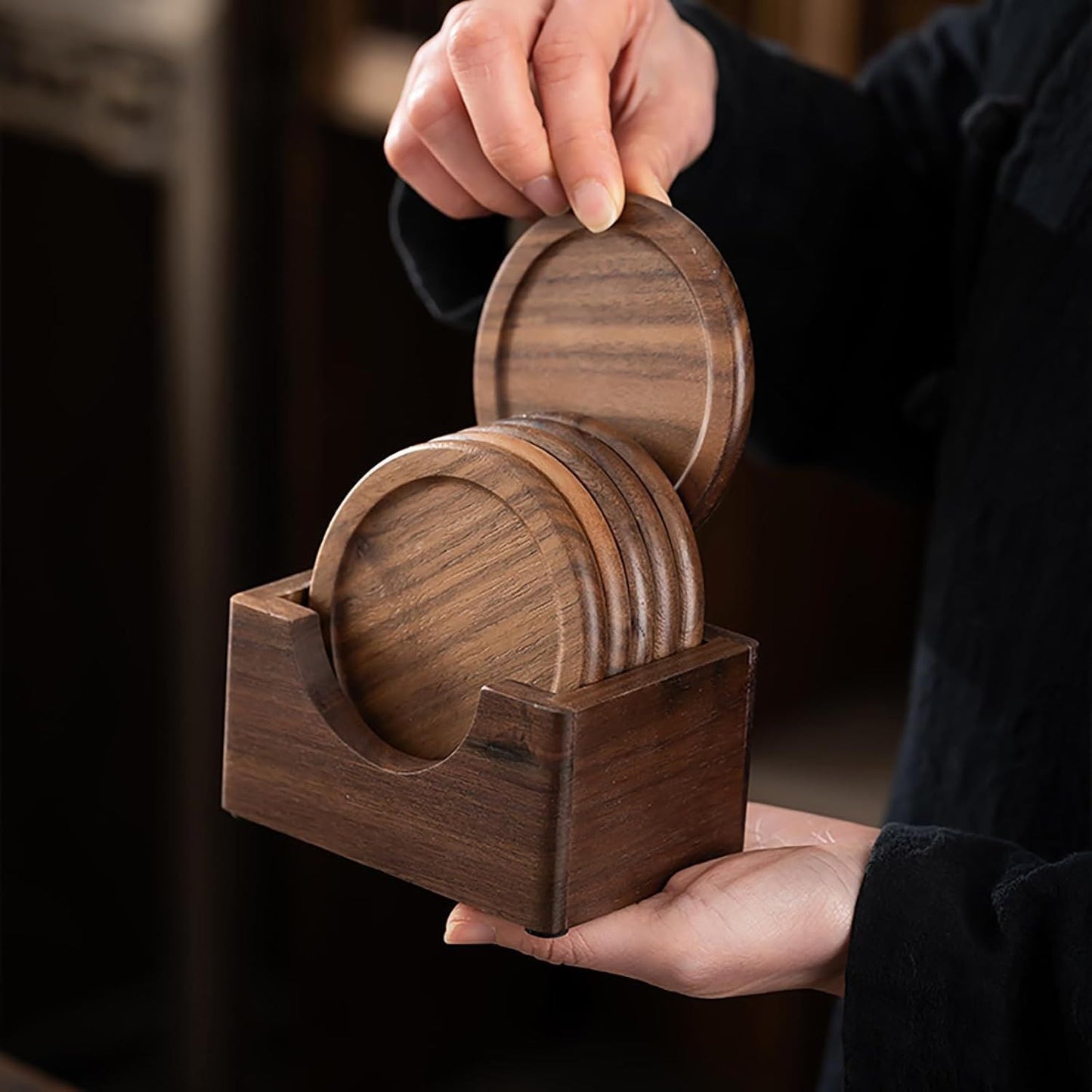 Coasters for Drinks Coffee Table Walnut Drink Coasters Set 6 PCS Wood Cup Coasters 3.5 Inch Non-Slip Round Wooden Coffee Mats with Holder for Bar Party Kemu |Fashion Home Kitchen Beauty