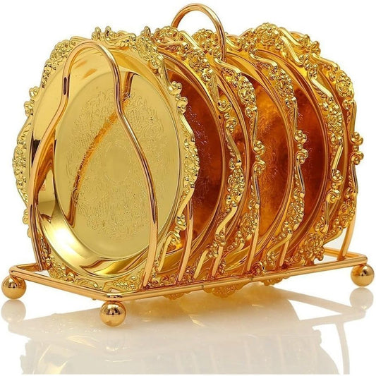 Coasters with Gold Holder Stand, Round Gold Style Coasters Decorative Tabletop Protection for Cake and Fruit Tray Kitchen Home, Set of 6 Kemu |Fashion Home Kitchen Beauty