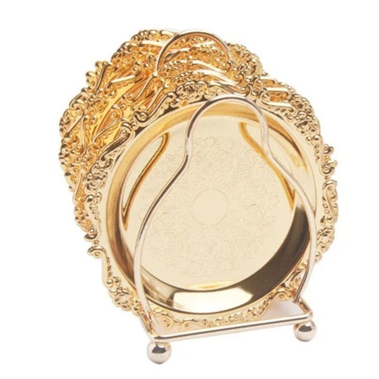 Coasters with Gold Holder Stand, Round Gold Style Coasters Decorative Tabletop Protection for Cake and Fruit Tray Kitchen Home, Set of 6 Kemu |Fashion Home Kitchen Beauty