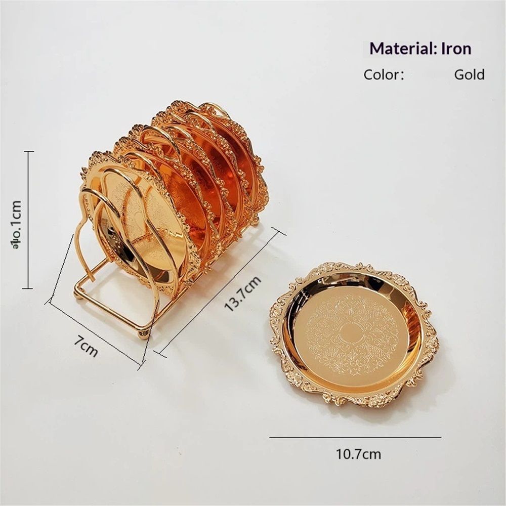 Coasters with Gold Holder Stand, Round Gold Style Coasters Decorative Tabletop Protection for Cake and Fruit Tray Kitchen Home, Set of 6 Kemu |Fashion Home Kitchen Beauty