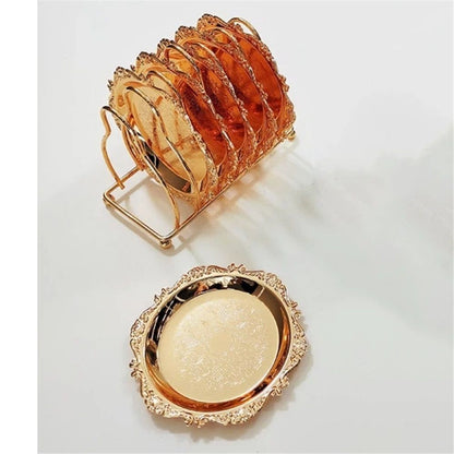 Coasters with Gold Holder Stand, Round Gold Style Coasters Decorative Tabletop Protection for Cake and Fruit Tray Kitchen Home, Set of 6 Kemu |Fashion Home Kitchen Beauty