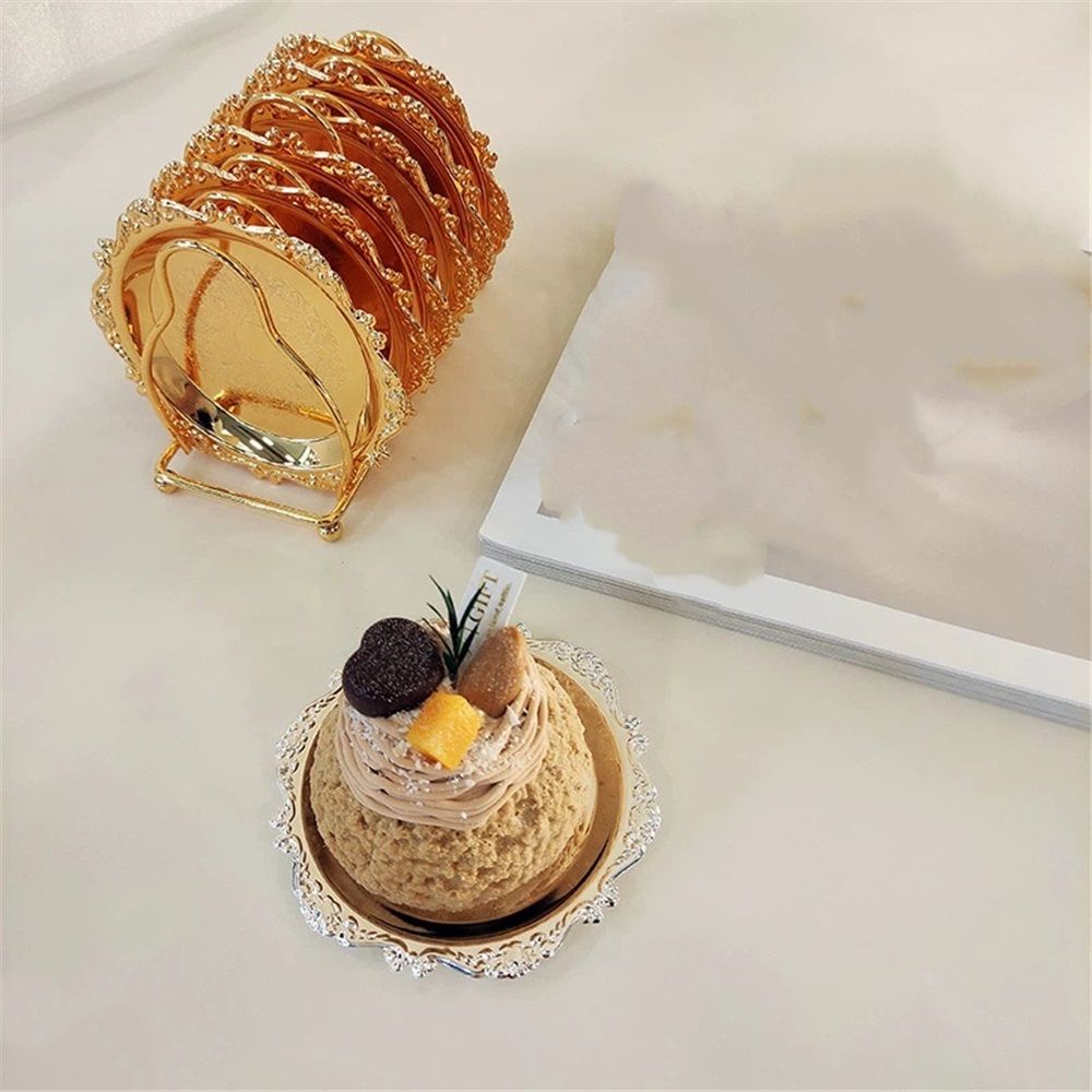 Coasters with Gold Holder Stand, Round Gold Style Coasters Decorative Tabletop Protection for Cake and Fruit Tray Kitchen Home, Set of 6 Kemu |Fashion Home Kitchen Beauty