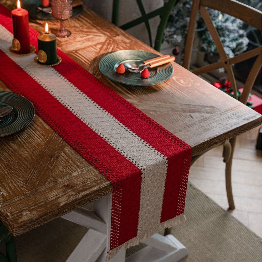 Table Runner for Home Decor with Tassels 72 Inches Long Farmhouse Red Rustic Boho Table Runner Table Decoration for Living Room Bridal Shower(12x72 Inches)