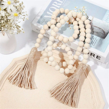 2 pack 58in Wood Bead Garland with Tassels, Farmhouse Rustic Country Decor Prayer Boho Wall Hanging Decoration (Nature)
