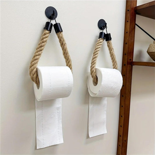 Toilet Paper Holder - Self Adhesive, No Drill Required, Black, Stainless Steel and Cotton Rope 2pack Kemu |Fashion Home Kitchen Beauty