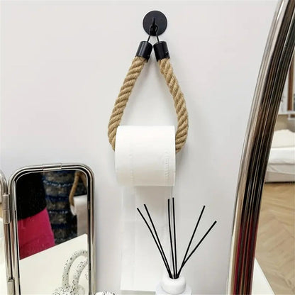 2 pack Rope Toilet Paper Holder - Self Adhesive, No Drill Required, Black, Stainless Steel and Cotton Rope