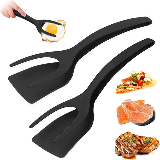 2 pack Kitchen Cooking Spatula, 2 in 1 Egg Silicone Fried Egg Grip Flip Tongs Double Sided Turner Multi Purpose Non stick Kitchen Shovel for Bread Fish Pancake Toast（black） Kemu |Fashion Home Kitchen Beauty