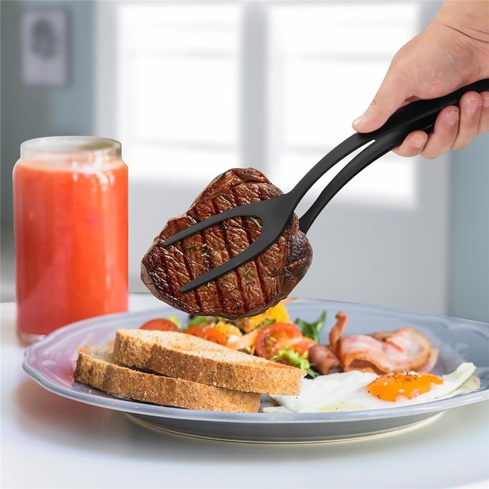2 pack Kitchen Cooking Spatula, 2 in 1 Egg Silicone Fried Egg Grip Flip Tongs Double Sided Turner Multi Purpose Non stick Kitchen Shovel for Bread Fish Pancake Toast（black） Kemu |Fashion Home Kitchen Beauty