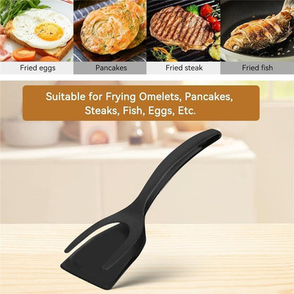 2 pack Kitchen Cooking Spatula, 2 in 1 Egg Silicone Fried Egg Grip Flip Tongs Double Sided Turner Multi Purpose Non stick Kitchen Shovel for Bread Fish Pancake Toast（black） Kemu |Fashion Home Kitchen Beauty