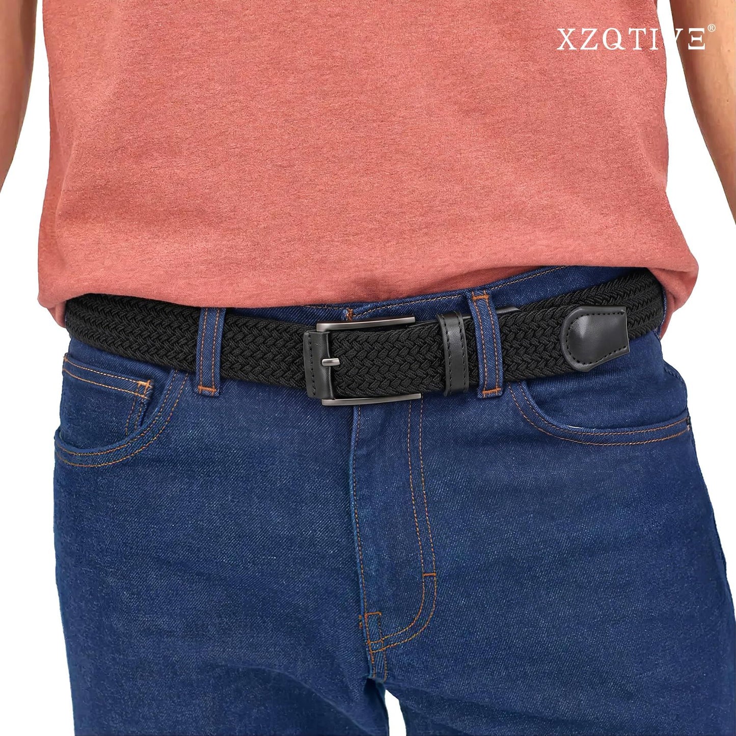 Unisex stretch black woven canvas belt with pin buckle, suitable for jeans, casual pants, shorts and casual wear.