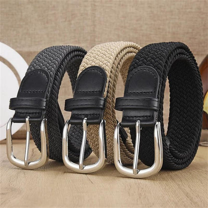 Unisex stretch grey woven canvas belt with pin buckle, suitable for jeans, casual pants, shorts and casual wear.