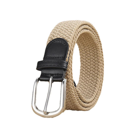 Unisex stretch khaki woven canvas belt with pin buckle, suitable for jeans, casual pants, shorts and casual wear.
