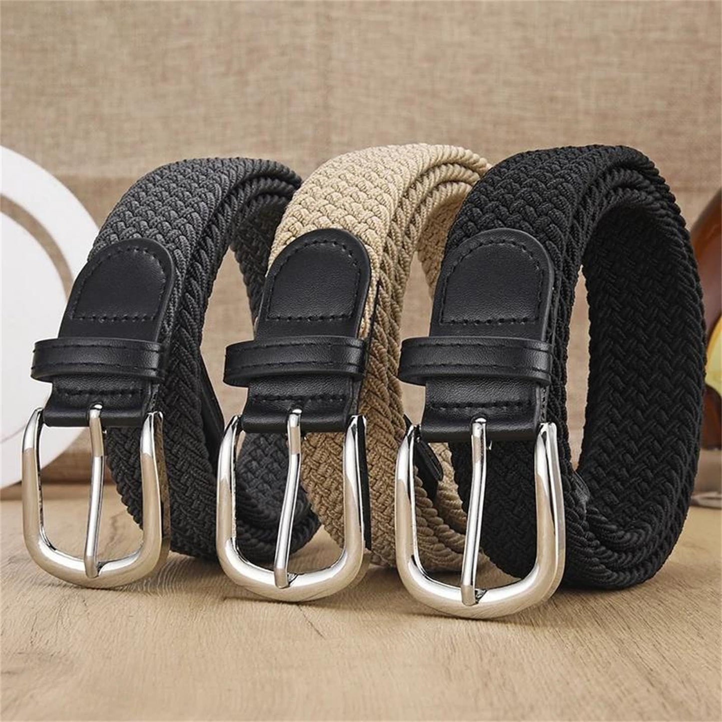 Unisex stretch khaki woven canvas belt with pin buckle, suitable for jeans, casual pants, shorts and casual wear.