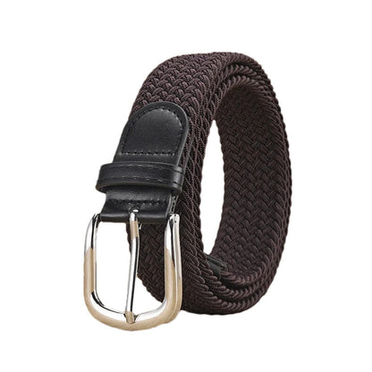 Unisex stretch coffee woven canvas belt with pin buckle, suitable for jeans, casual pants, shorts and casual wear.