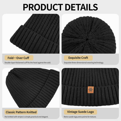 Unisex black warm knitted winter hat, fleece lining, soft and warm, ski hat, narrow brim, suitable for cold weather.
